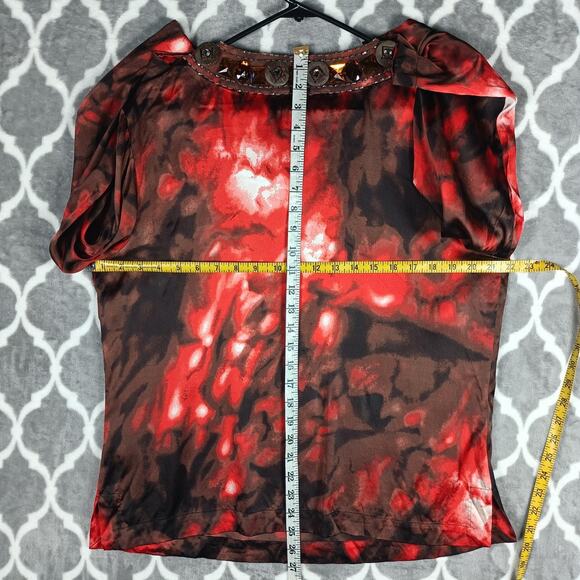 St. John Blouse Womens Large Red Brown Silk Stretch Beaded Jeweled Split Neck - Picture 7 of 12